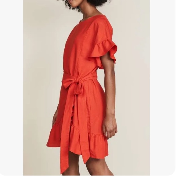 ASTR The Label Coral Red ruffle faux wrap around skirt ruffle sleeves dress Sz L - Picture 10 of 12